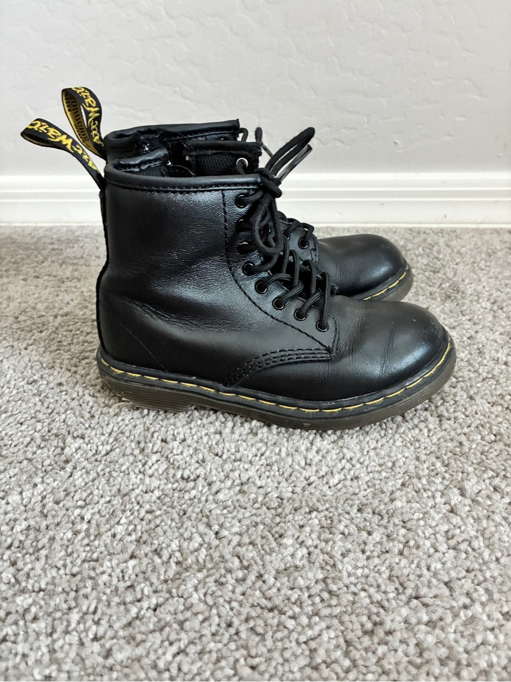 Dr. Martens Black Leather Lace-Up Ankle Boots with Yellow Stitching